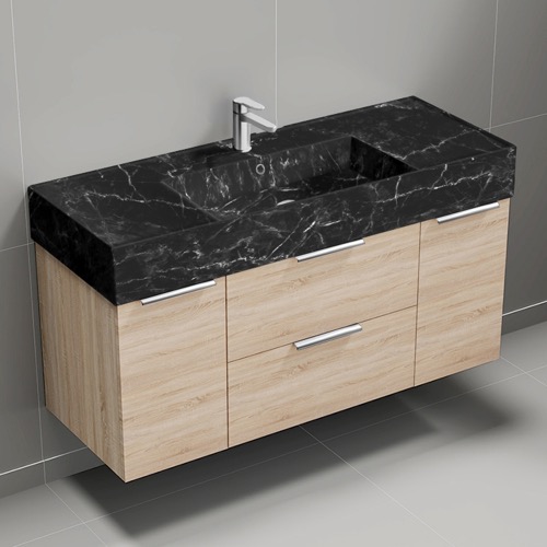 Nameeks DERIN987 48 Inch Bathroom Vanity With Black Marble Design Sink, Floating, Brown Oak